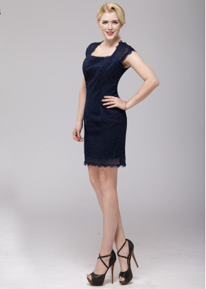 Navy Blue Lace Keyhole Back Short Mother Dress 